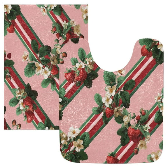 2 Piece Soft Bathroom Rug Set Strawberry and Ribbon Bath Mat and U-Shaped Toilet Contour Rug (16"x24" 20"x24")