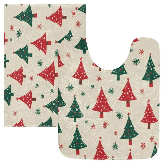 2 Piece Soft Bathroom Rug Set Stylish Christmas Tree Pattern Bath Mat and U-Shaped Toilet Contour Rug (16"x24" 20"x24")