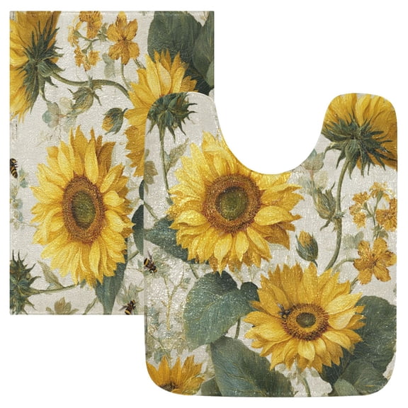 2 Piece Soft Bathroom Rug Set Sunflower and Bee Pattern Bath Mat and U-Shaped Toilet Contour Rug (16"x24" 20"x24")