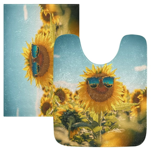 2 Piece Soft Bathroom Rug Set Sunflowers Wear Sunglasses Bath Mat and U-Shaped Toilet Contour Rug (16"x24"+20"x24")