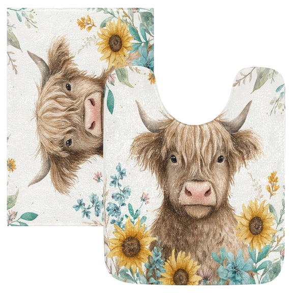 2 Piece Soft Bathroom Rug Set Sunflowers and Highland Cow Bath Mat and U-Shaped Toilet Contour Rug (16"x24"+20"x24")