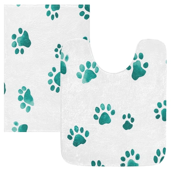 2 Piece Soft Bathroom Rug Set Teal Dog Paw Prints Bath Mat and U-Shaped Toilet Contour Rug (16"x24" 20"x24")