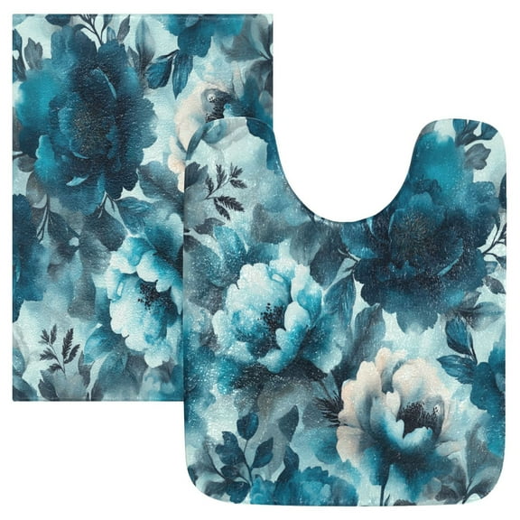 2 Piece Soft Bathroom Rug Set Teal Elegant Floral Pattern Bath Mat and U-Shaped Toilet Contour Rug (16"x24" 20"x24")