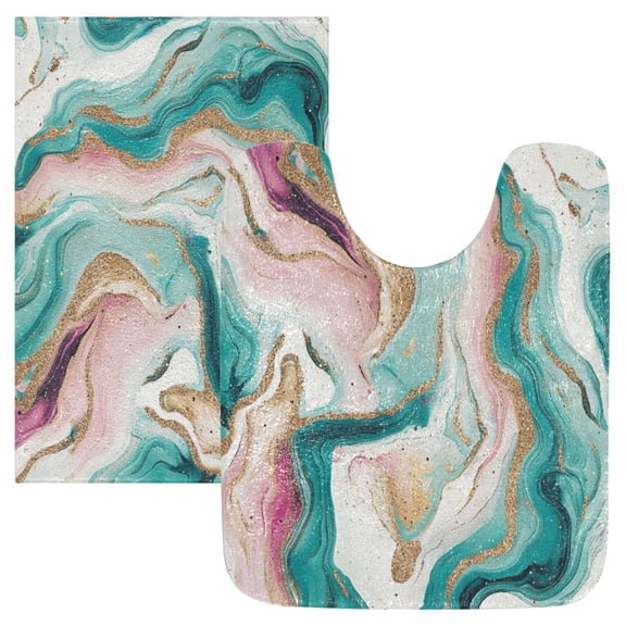 2 Piece Soft Bathroom Rug Set Teal Swirling Marble Pattern Bath Mat and U-Shaped Toilet Contour Rug (16"x24" 20"x24")