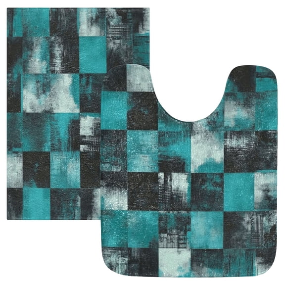 2 Piece Soft Bathroom Rug Set Teal and Black Squares Bath Mat and U-Shaped Toilet Contour Rug (16"x24" 20"x24")