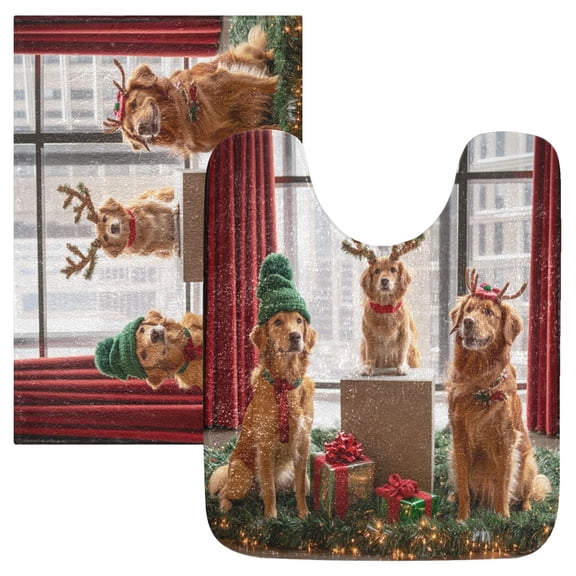 2 Piece Soft Bathroom Rug Set Three Dogs Bath Mat and U-Shaped Toilet Contour Rug (16"x24" 20"x24")