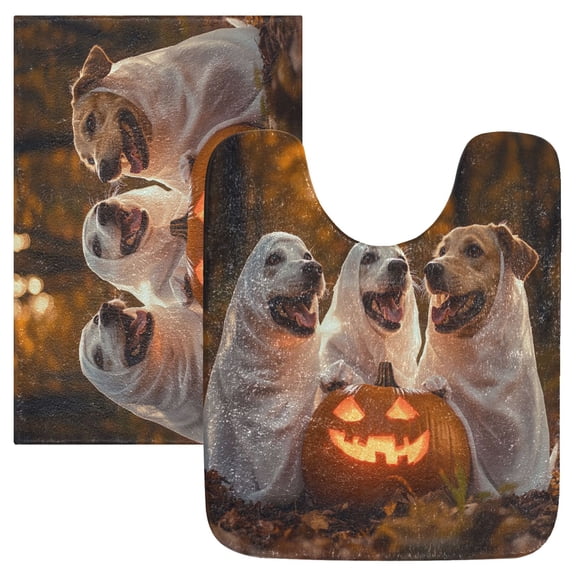 2 Piece Soft Bathroom Rug Set Three Dogs Dressed As Ghosts Bath Mat and U-Shaped Toilet Contour Rug (16"x24" 20"x24")