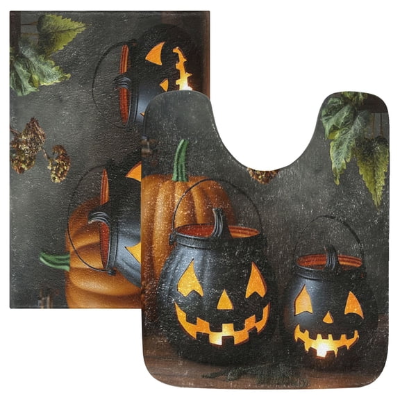 2 Piece Soft Bathroom Rug Set Three Halloween Pumpkin Bath Mat and U-Shaped Toilet Contour Rug (16"x24" 20"x24")