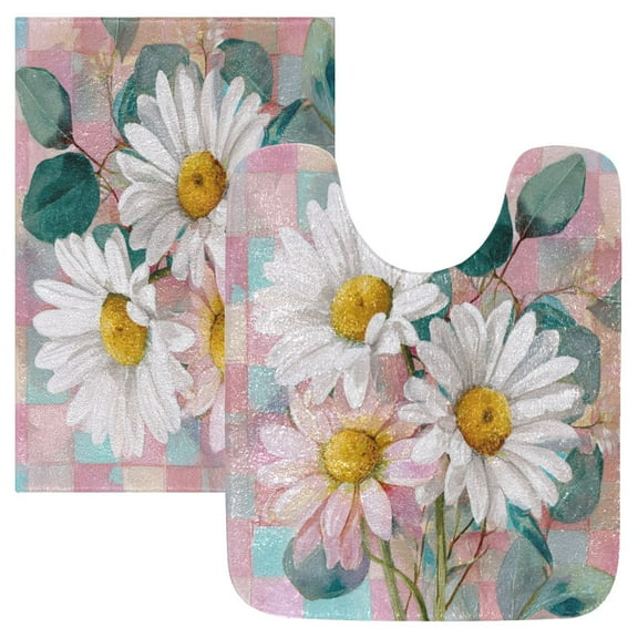 2 Piece Soft Bathroom Rug Set Three Large White Daisies Bath Mat and U-Shaped Toilet Contour Rug (16"x24" 20"x24")
