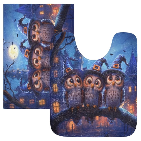 2 Piece Soft Bathroom Rug Set Three Owls Wearing Witch Hats Bath Mat and U-Shaped Toilet Contour Rug (16"x24" 20"x24")