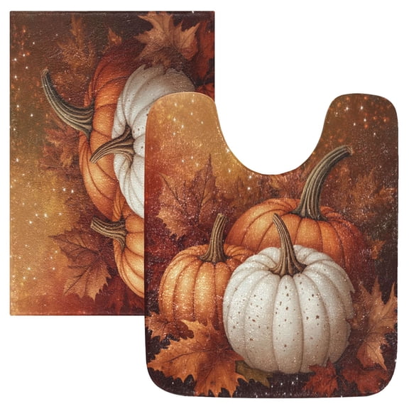 2 Piece Soft Bathroom Rug Set Three Pumpkins and Leaves Bath Mat and U-Shaped Toilet Contour Rug (16"x24" 20"x24")