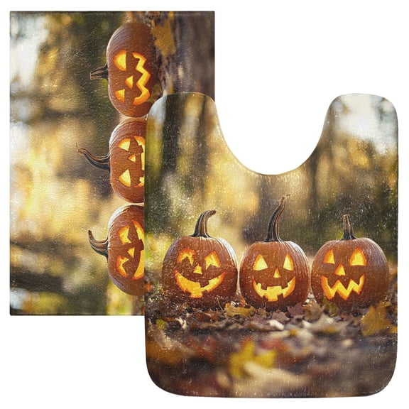 2 Piece Soft Bathroom Rug Set Three Pumpkins on The Ground Bath Mat and U-Shaped Toilet Contour Rug (16"x24" 20"x24")