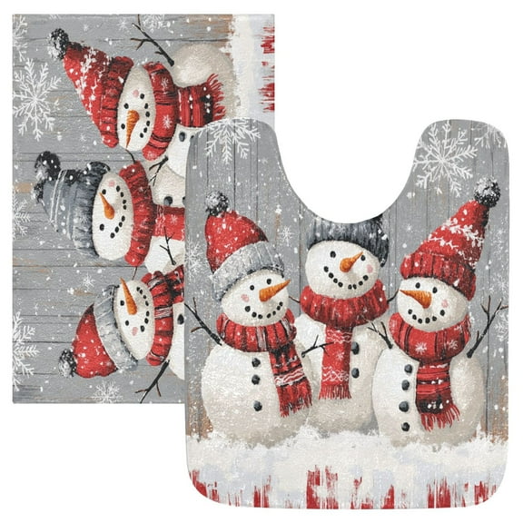 2 Piece Soft Bathroom Rug Set Three Snowmen Bath Mat and U-Shaped Toilet Contour Rug (16"x24"+20"x24")