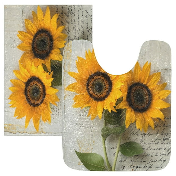 2 Piece Soft Bathroom Rug Set Two Sunflowers Bath Mat and U-Shaped Toilet Contour Rug (16"x24"+20"x24")
