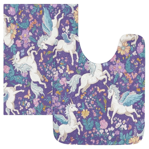 2 Piece Soft Bathroom Rug Set Unicorns and Pegasi Pattern Bath Mat and U-Shaped Toilet Contour Rug (16"x24" 20"x24")