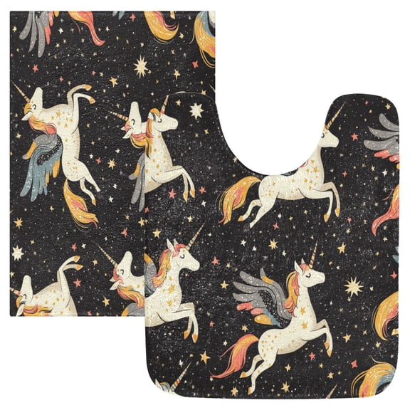 2 Piece Soft Bathroom Rug Set Unicorns with Wings Bath Mat and U-Shaped Toilet Contour Rug (16"x24" 20"x24")