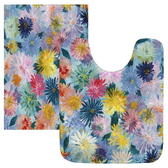 2 Piece Soft Bathroom Rug Set Vibrant Abstract Floral Bath Mat and U-Shaped Toilet Contour Rug (16"x24" 20"x24")