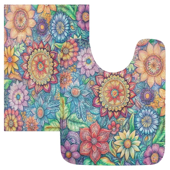 2 Piece Soft Bathroom Rug Set Vibrant and Colorful Flower Bath Mat and U-Shaped Toilet Contour Rug (16"x24" 20"x24")