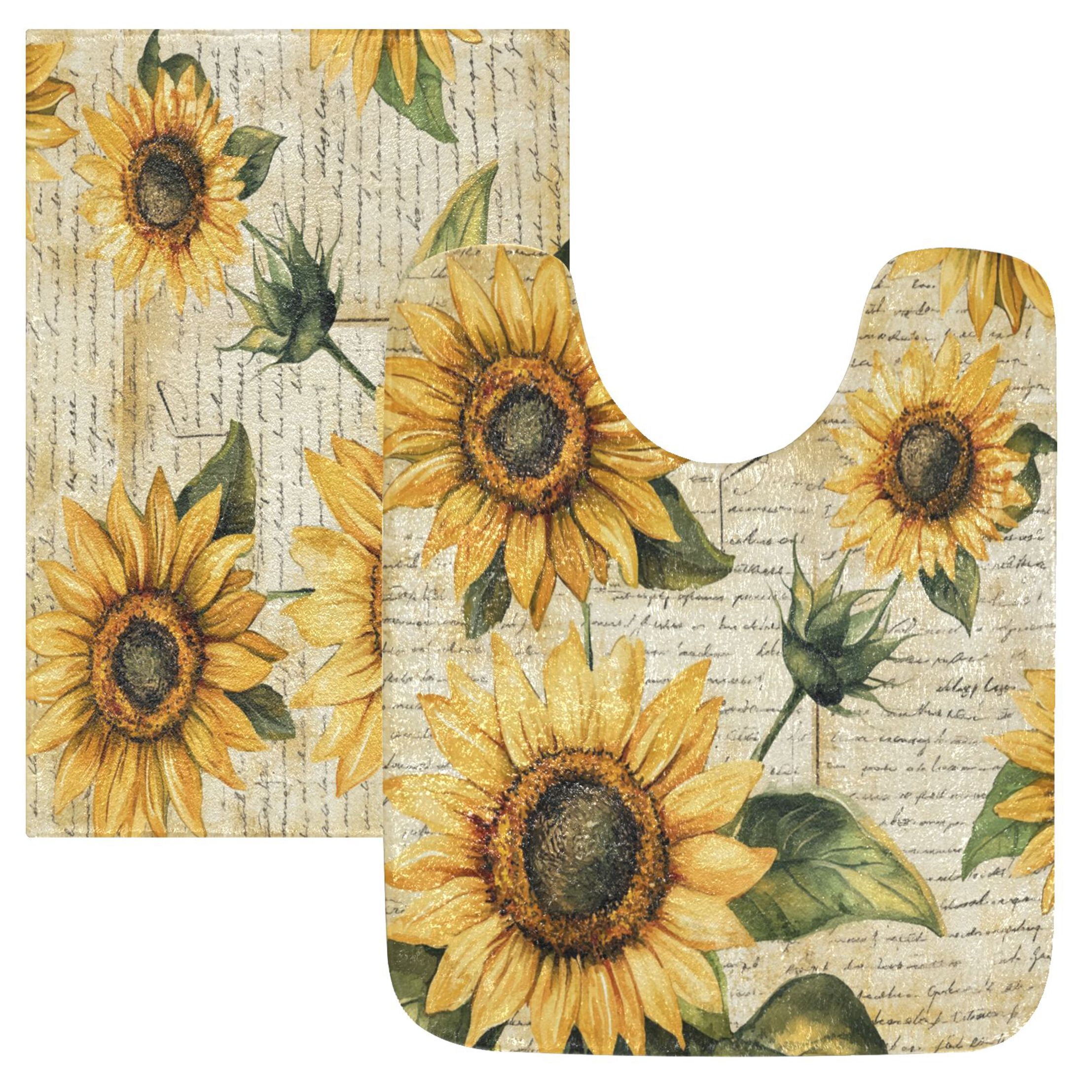 2 Piece Soft Bathroom Rug Set Vintage Sunflowers Bath Mat and U-Shaped ...