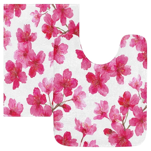 2 Piece Soft Bathroom Rug Set Watercolor Cherry Blossom Bath Mat and U-Shaped Toilet Contour Rug (16"x24" 20"x24")