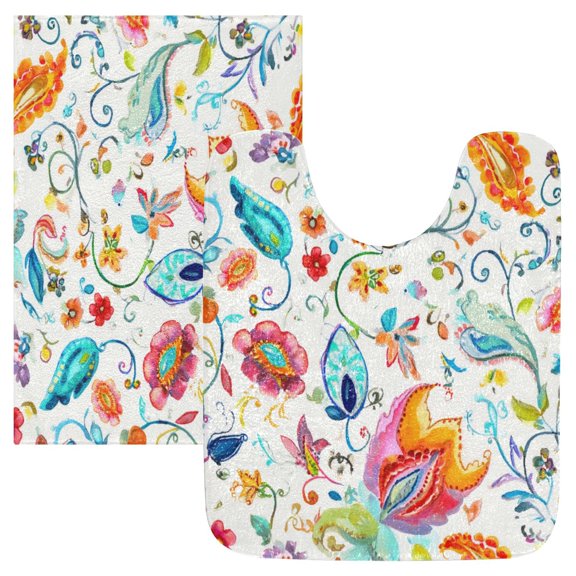 2 Piece Soft Bathroom Rug Set Watercolor Colorful Floral Bath Mat and U-Shaped Toilet Contour Rug (16"x24" 20"x24")