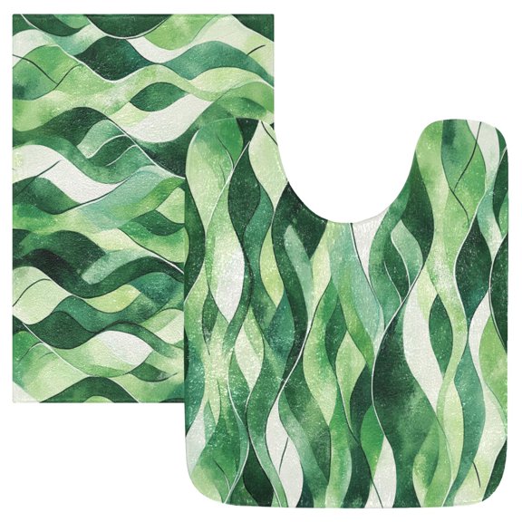 2 Piece Soft Bathroom Rug Set Watercolor Green Wavy Lines Bath Mat and U-Shaped Toilet Contour Rug (16"x24" 20"x24")