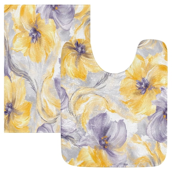 2 Piece Soft Bathroom Rug Set Watercolor Yellow Flowers Bath Mat and U-Shaped Toilet Contour Rug (16"x24" 20"x24")