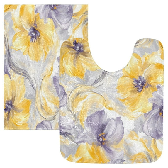 2 Piece Soft Bathroom Rug Set Watercolor Yellow Flowers Bath Mat and U-Shaped Toilet Contour Rug (16"x24"+20"x24")