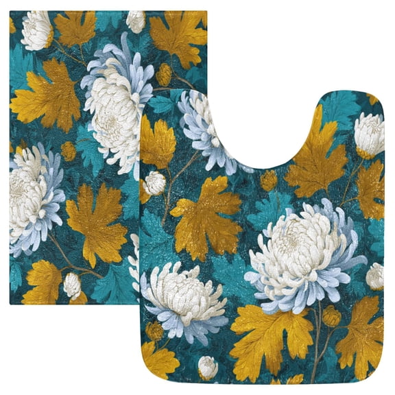 2 Piece Soft Bathroom Rug Set White Chrysanthemums Bath Mat and U-Shaped Toilet Contour Rug (16"x24" 20"x24")