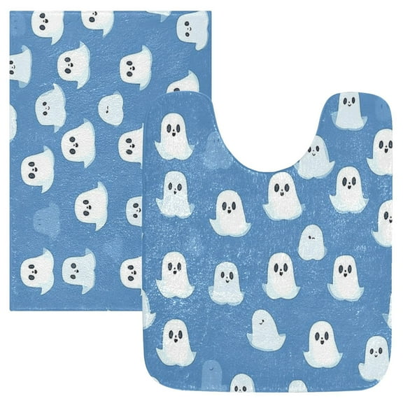 2 Piece Soft Bathroom Rug Set White Cute Ghost Pattern Bath Mat and U-Shaped Toilet Contour Rug (16"x24" 20"x24")