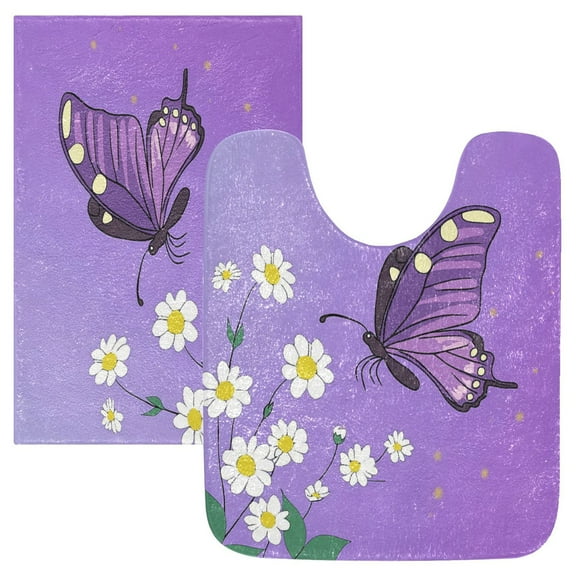 2 Piece Soft Bathroom Rug Set White Flowers and Purple Butterflies Bath Mat and U-Shaped Toilet Contour Rug (16"x24" 20"x24")