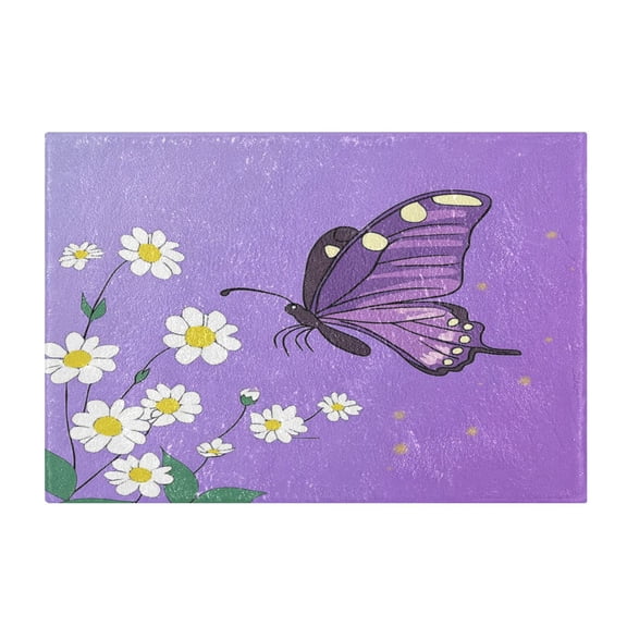 Soft Bathroom Rug Set White Flowers and Purple Butterflies Bath Mat and U-Shaped Toilet Contour Rug (16"x24" 20"x24")