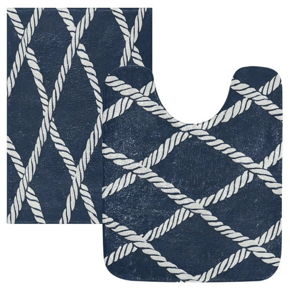 2 Piece Soft Bathroom Rug Set White Lines Of Rope Bath Mat and U-Shaped Toilet Contour Rug (16"x24" 20"x24")