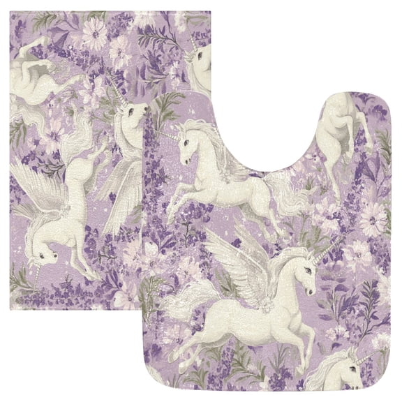 2 Piece Soft Bathroom Rug Set White Unicorns and Pegasi Bath Mat and U-Shaped Toilet Contour Rug (16"x24" 20"x24")
