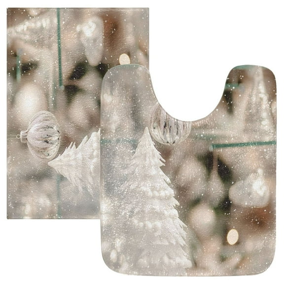 2 Piece Soft Bathroom Rug Set White and Silver Christmas Tree Decorations Bath Mat and U-Shaped Toilet Contour Rug (16"x24" 20"x24")