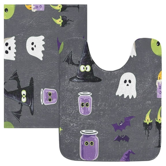 2 Piece Soft Bathroom Rug Set Witch Hat and Purple Candle Bath Mat and U-Shaped Toilet Contour Rug (16"x24"+20"x24")