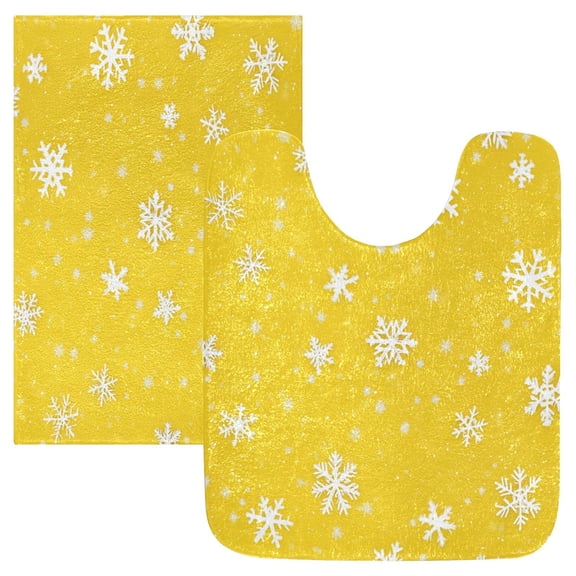 2 Piece Soft Bathroom Rug Set Yellow Background with White Snowflakes Bath Mat and U-Shaped Toilet Contour Rug (16"x24" 20"x24")