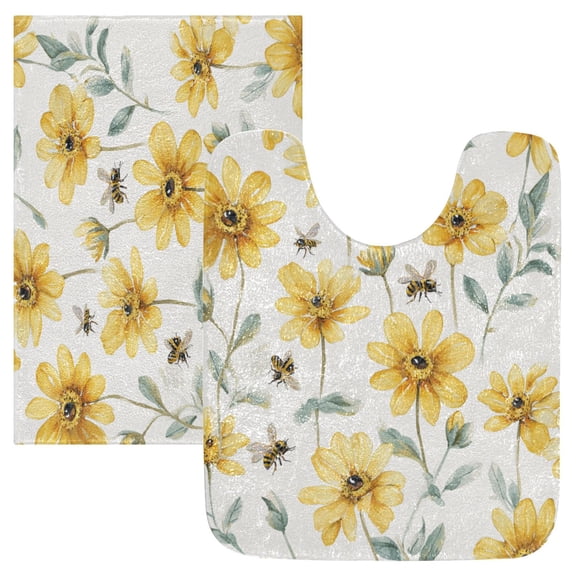 2 Piece Soft Bathroom Rug Set Yellow Daisies and Bees Bath Mat and U-Shaped Toilet Contour Rug (16"x24" 20"x24")