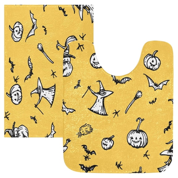 2 Piece Soft Bathroom Rug Set Yellow Halloween-themed Pattern Bath Mat and U-Shaped Toilet Contour Rug (16"x24" 20"x24")