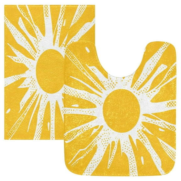 2 Piece Soft Bathroom Rug Set Yellow Sun Rays Bath Mat and U-Shaped Toilet Contour Rug (16"x24"+20"x24")