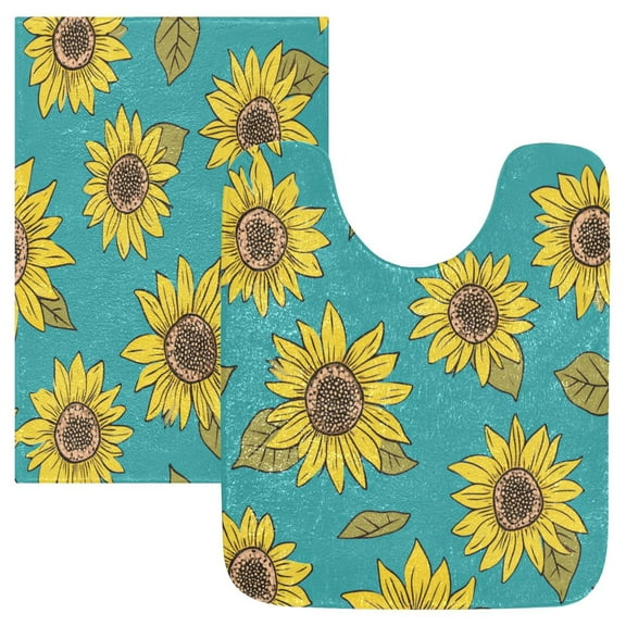 2 Piece Soft Bathroom Rug Set Yellow Sunflowers Pattern Bath Mat and U-Shaped Toilet Contour Rug (16"x24"+20"x24")