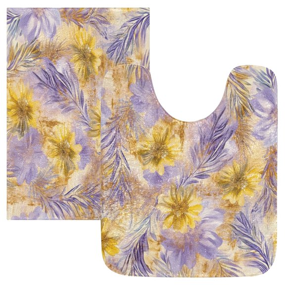 2 Piece Soft Bathroom Rug Set Yellow and Lavender Flowers Bath Mat and U-Shaped Toilet Contour Rug (16"x24" 20"x24")