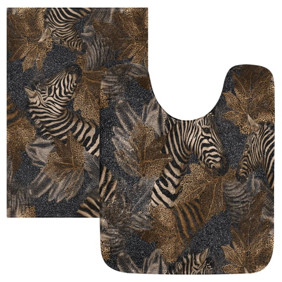 2 Piece Soft Bathroom Rug Set Zebra Print Bath Mat and U-Shaped Toilet Contour Rug (16"x24" 20"x24")