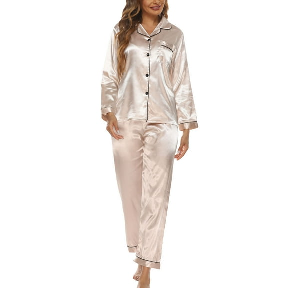 2 Piece Soft Satin Pajamas Sets for Women Casual Cozy Sleepwear Button Up Shirt and Pant Nightwear Lounge Pj Outfits (Medium, Beige)