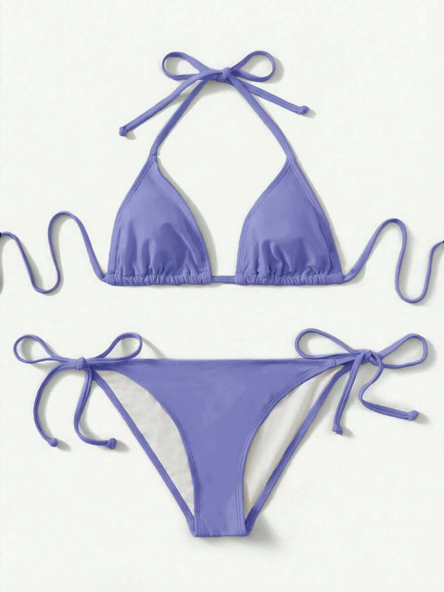 2-Piece Solid Color Halter Top & Tie Back Bottom Bikini Set for Summer ...