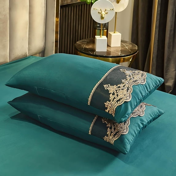2-Piece Solid Color Luxury Pillowcase Set, European Embroidered Lace Pillow Covers, Skin-Friendly Anti-Pilling Pillowcases, Soft Breathable Bedding for Bedroom Hotel Home Decor
