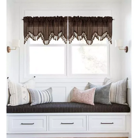 2-Piece Solid Faux Silk Waterfall Ascot Window Curtain Valance with Tassels Trim Rod Pocket 55" x 18" Wave