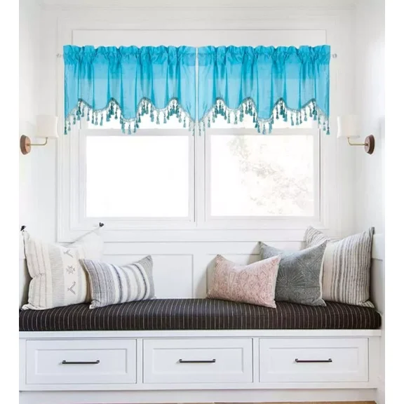 2-Piece Solid Faux Silk Waterfall Ascot Window Curtain Valance with Tassels Trim Rod Pocket 55" x 18" Wave