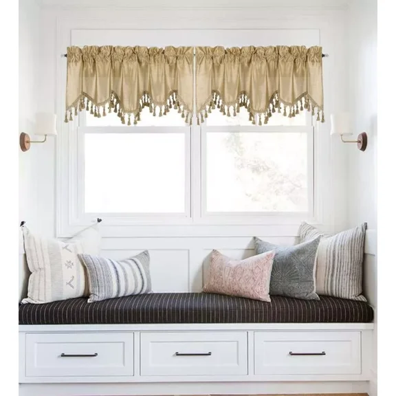 2-Piece Solid Faux Silk Waterfall Ascot Window Curtain Valance with Tassels Trim Rod Pocket 55" x 18" Wave