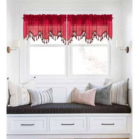 2-Piece Solid Faux Silk Waterfall Ascot Window Curtain Valance with Tassels Trim Rod Pocket 55" x 18" Wave
